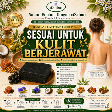 Picture of [Cold Process Plant-Based Oils with Herbal Extracts Handmade Acne Soap] aiSabun Propolis & Lithospermum 50g – Controls Oil, Cleanses & Skin-Friendly